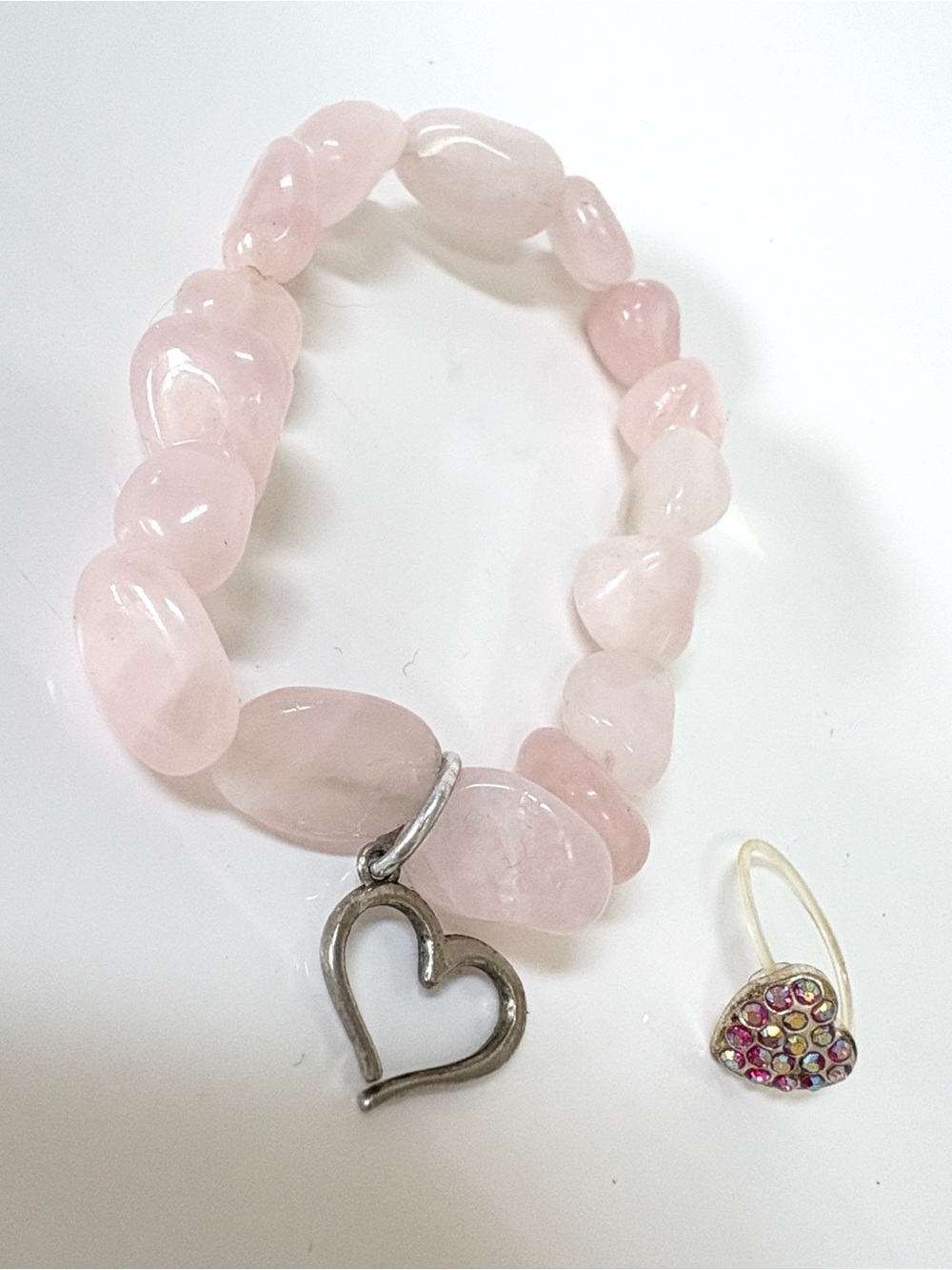 Natural Tumbled Rose Quartz Nugget Heart Bracelet + FREE Rhinestone Toe Ring Set